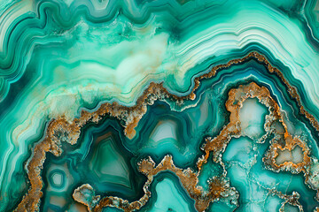 Poster - Abstract vibrant malachite stone agate background showing layers of swirling turquoise and teal colors with golden brown and white accents