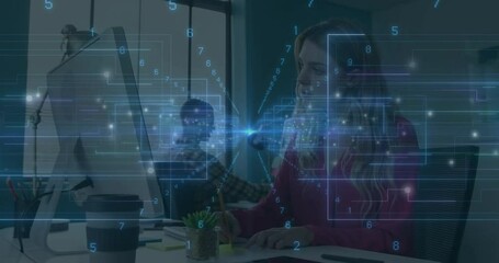 Poster - coworkers typing on keyboard and writing notes in business office with digital data overlays