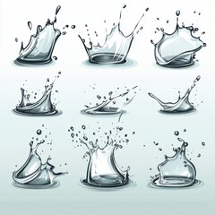 Poster - Water splash collection vector illustration set various shapes and forms liquid motion graphic design element isolated on light blue background