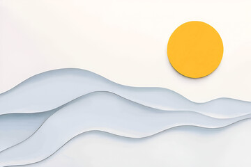 Fototapete - Abstract graphic illustration of a serene landscape with layered blue wave forms and a bright yellow sun against a white background.
