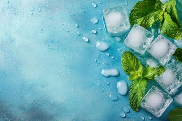 Poster - Refreshing ice cubes and mint leaves on a textured blue background aerial view studio shot for summer drinks