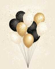 Poster - Elegant Balloons Floating in Air, Celebration of Birthday or Anniversary, Studio Shot, Black Gold White Theme