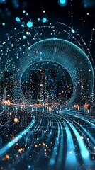 Poster - Futuristic city illuminated by digital data flow, a blend of progress and mystery