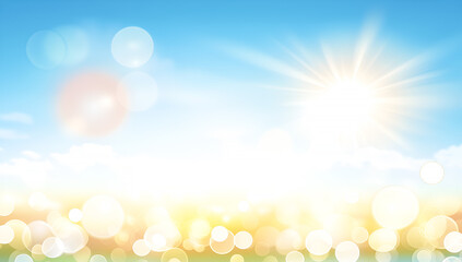 Poster - Beautiful summer landscape background with bright sunshine sky bokeh effects for advertisement and design purposes.