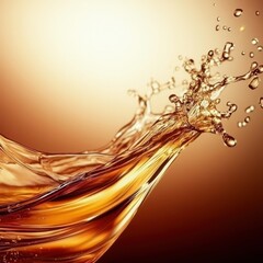 Poster - Amber liquid splash close up studio shot with warm background and droplets in motion for beverage concept