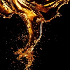 Poster - Golden liquid splash in dynamic motion against black background studio shot for beverage or abstract concept art