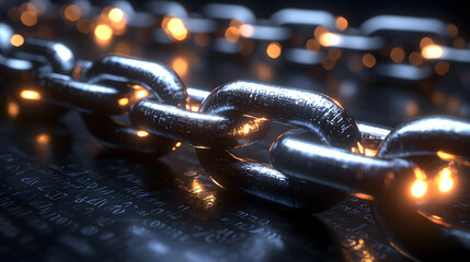 Poster - Illuminating blockchain concept digital realm 3d visualization dark environment close-up view glowing chains