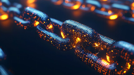 Poster - Glowing blockchain chains illuminate digital future virtual realm 3d render cyber environment close-up view technology concept