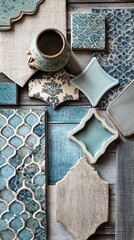 Poster - Blue Tones Tile and Fabric Samples Arranged on Wood Surface Flat Lay for Interior Design Inspiration