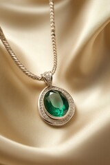 Poster - Emerald pendant necklace with diamonds on silk fabric close up studio shot for luxury jewelry advertisement