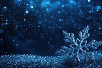 Poster - Winter Snowflake on Glittering Surface Macro Shot with Bokeh Lights in Blue Tones Holiday Season Festive Background Close Up