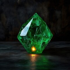 Poster - Glowing green crystal diamond shape on dark surface close up studio shot with light reflection and textured background
