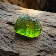 Poster - Close up of a vibrant green peridot gemstone on a textured rock surface in natural light studio shot