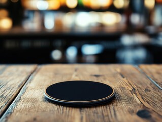 Poster - Close up of a coaster on a rustic wooden table in a bar setting with blurred background and warm lighting for a cozy atmosphere