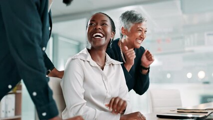 Aufkleber - Computer, high five and business people clapping for celebration, success or well done with training. Team, cheers and applause together for achievement, target and goal with excited mentor in office