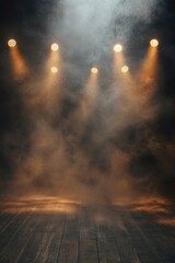 Poster - Smoky Stage with Golden Lights and Wooden Floorboards Dramatic Low Angle Shot for Performance Art