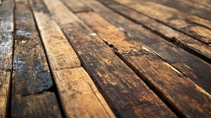 Poster - Close-up of Rustic Wooden Planks Showing Texture and Grain at an Angle; Aged Wood with Dark Patches; Weathered Surface
