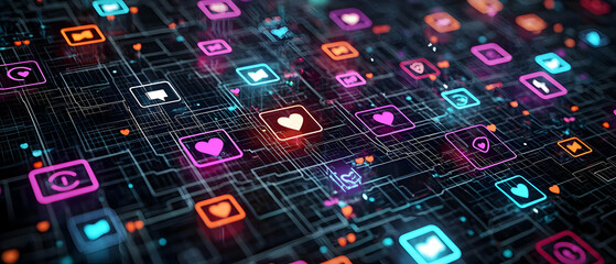 Poster - Abstract Digital Graphic Network Pattern With Colorful Glowing Icons