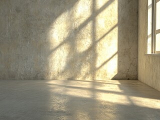 Poster - Empty room interior casting window shadows on textured wall and floor, sunlight streaming in, minimalist style