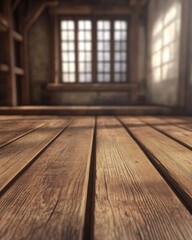 Poster - Rustic wooden floor in old room with window light low angle shot interior design background