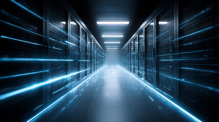 Poster - Data center server room with blue light trails and network connection for cloud computing it infrastructure