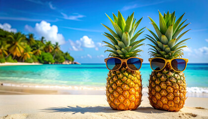 Wall Mural - Pineapples wearing sunglasses on tropical beach, surrounded by palm trees and clear blue water, create fun and vibrant atmosphere. scene evokes sense of relaxation and joy