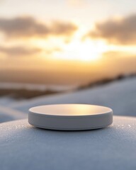 Poster - Podium presentation against a winter sunset, product display platform in a snowy landscape, minimalist style, golden hour
