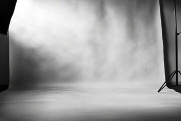 Poster - Studio backdrop setup with seamless paper roll and light stand for photography in monochrome style
