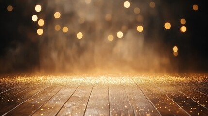Poster - Golden bokeh lights illuminate a rustic wooden floor creating a magical atmosphere perfect for holiday or festive backgrounds
