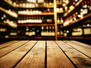 Poster - Wooden table surface with blurred wine bottles on shelves in background in cellar or bar interior