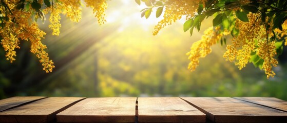 Wall Mural - Sunny Springtime Scene with Wooden Table and Golden Wattle Flowers in Bloom for Product Display or Mockup in Nature