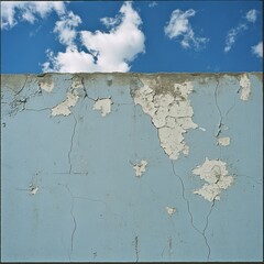 Poster - Sky above weathered blue wall with peeling paint, abstract texture background, square format, architectural detail, outdoor shot, daytime