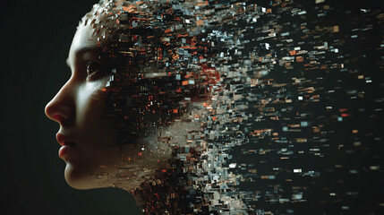 Poster - Artificial intelligence woman face digital transformation technology concept design