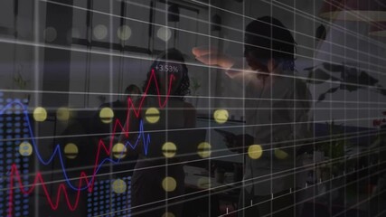 Poster - Team of co-workers analyzing data in business office, showing animated line chart with data points