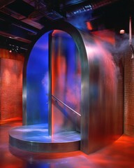 Poster - Modern archway with blue and red lighting and fog, interior design, architectural photography, studio shot, industrial style