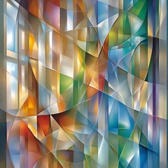 Poster - Abstract geometric patterned design with vibrant colors and dynamic shapes.  Intricate interplay of light and shadow, creating a sense of depth and movement