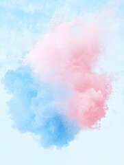 Poster - Ethereal Powder Explosion in Pastel Hues Abstract Shot of Pink and Blue Pigment Cloud Against a Light Sky Background