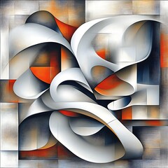 Poster - abstract geometric art, dynamic shapes and colors. a vibrant interplay of white, gray, and orange fo
