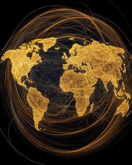 Aufkleber - Golden World Map Globe with Connection Lines Network Illustration on Black Background Global Communication Technology