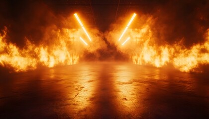 Poster - Intense orange light illuminating smoky flames on a concrete floor.