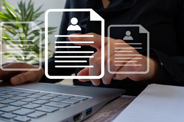Poster - A woman working on a computer pointing at a document with an icon, a resume that stands out from the rest, recruitment concept