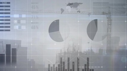 Poster - Scene showing see-through pie charts and bar chart over foggy site cranes with grid flat design