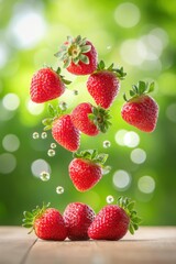 Poster - Fresh Strawberries Falling with Water Droplets on Wooden Surface Against Green Bokeh Background Still Life