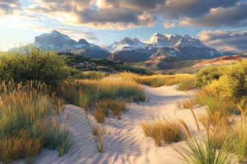 Wall Mural - Wide shot of desert landscape with snowy mountains in the distance at golden hour in Utah USA