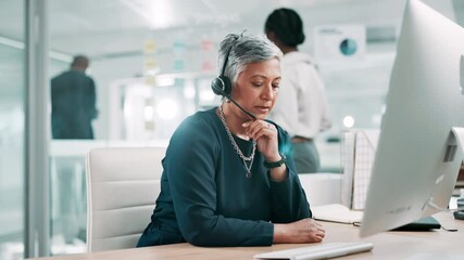 Aufkleber - Call center, stress and mature woman in office for customer service, online mistake and CRM support. Professional consultant, problem and worker on computer for feedback, contact us and advice