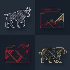 Poster - Geometric stock market symbols contrasting bull and bear on a sleek backdrop