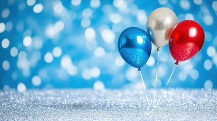 Poster - Patriotic Balloons Floating on Silver Glitter Surface with Blue Bokeh Background Celebration Party Decor
