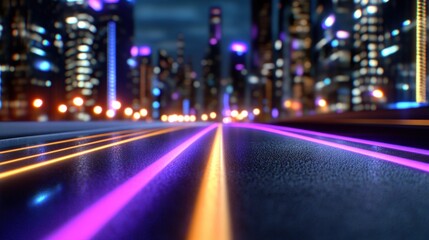 Poster - Abstract night road motion blur with laser beams and glowing speed lines in dark cityscape