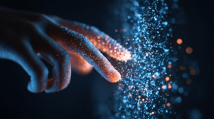 Poster - Hand touching digital particles technology background for science and innovation concepts ideas
