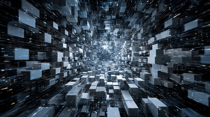 Poster - Abstract futuristic digital city background with geometric shapes and data stream visualization art